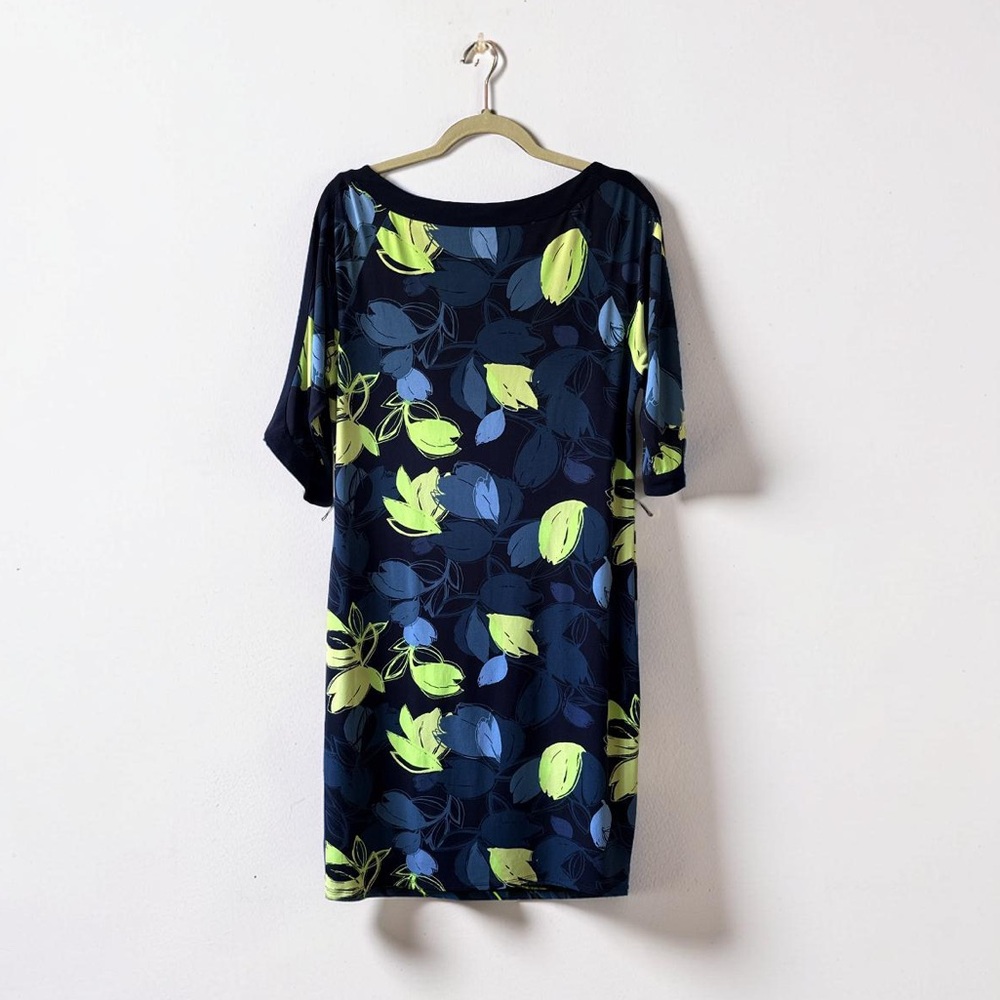 Tahari Navy Dress with Lime and Blue Leaf Print - Picture 2 of 8